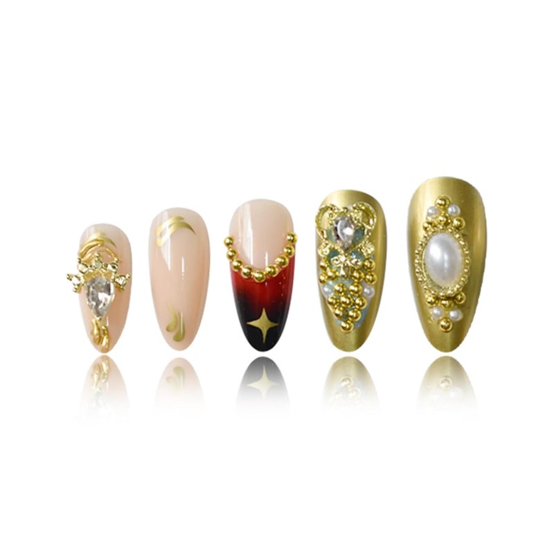 SEENEEY Almond Press on Nails Medium Fake Nails Gold Artificial Nail with Rhinestones and Gold Charm Designs French Tip Sparkly Stick on Nail for Women 24pcs - Image 3